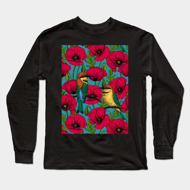Bee eaters and poppies on orange 2 Long Sleeve T-Shirt by katerinamk